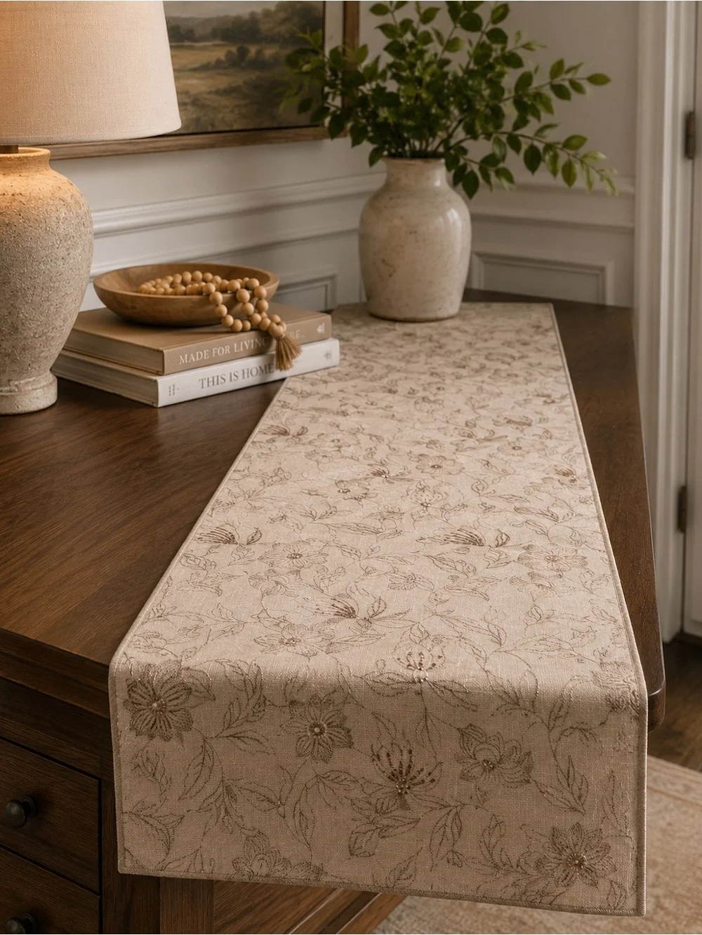 Rachel Zoe intricate botanical embroidery beige background delicate beads